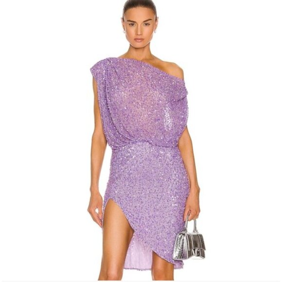 NWT Retrofete Jean Sequin Dress Lavender Purple Beaded Mini Off-Shoulder Medium - Picture 2 of 16